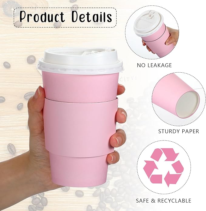 Tioncy 50 Set 16 oz Disposable Coffee Cups with Lids and Sleeves Set Insulated Disposable Hot Travel Paper Cups for Hot Chocolate Cocoa Coffee Tea Cafes Travel Bar Supplies, Leak Proof, Pink