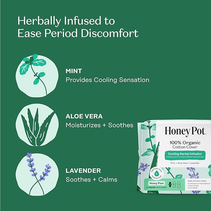 The Honey Pot Company - 80ct - Herbal Panty Liners for Women - Heavy Flow w/Wings - Infused w/Essential Oils for Cooling Effect & Organic Cotton Cover - Feminine Care
