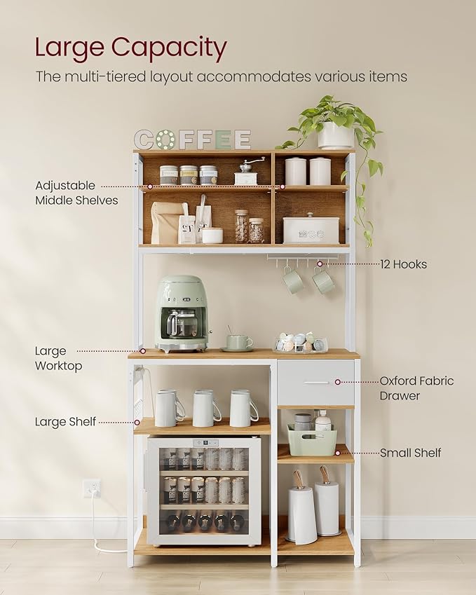 VASAGLE Bakers Rack with Charging Station, Coffee Bar, 15.7 x 39.4 x 71 Inches, Kitchen Microwave Stand, Adjustable Storage Shelves, Fabric Drawer, 12 Hooks, Golden Oak and Cloud White UKKS027Y01