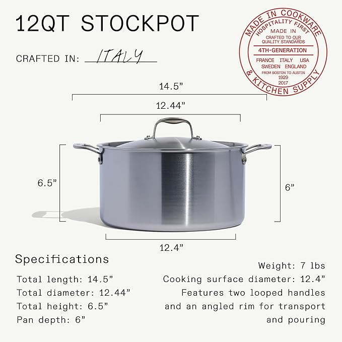Made In Cookware - 12 Quart Stainless Steel Stock Pot With Lid - 5 Ply Stainless Clad - Professional Cookware - Crafted in Italy - Induction Compatible