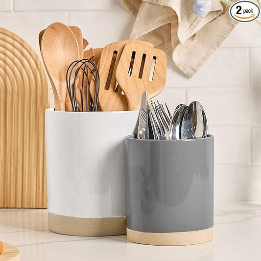 famiware Milkyway Kitchen Utensil Holder for Countertop, Ceramic Cooking Utensil Crocks for Kitchen Counter, Utensil Organizer for Spatula & Spoon, Set of 2, White and Dark Gray