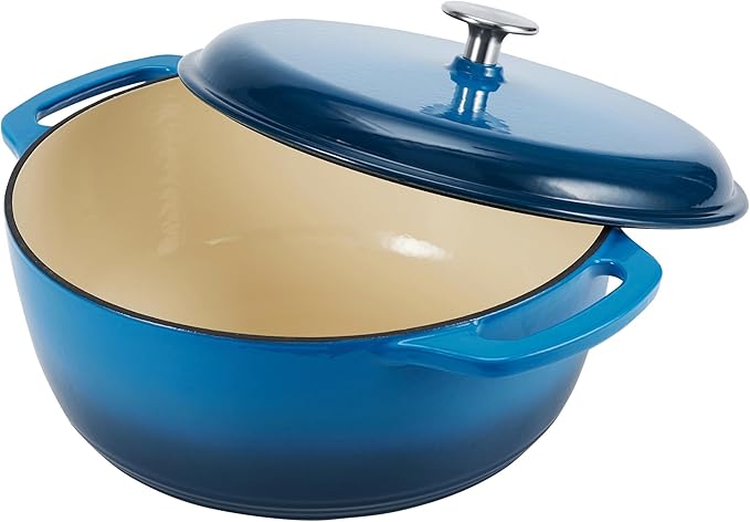 Amazon Basics Enameled Cast Iron Dutch Oven Pot with Lid, Dual Handles, Heavy-Duty, Oven Safe, Round, 4.3-Quart, Blue
