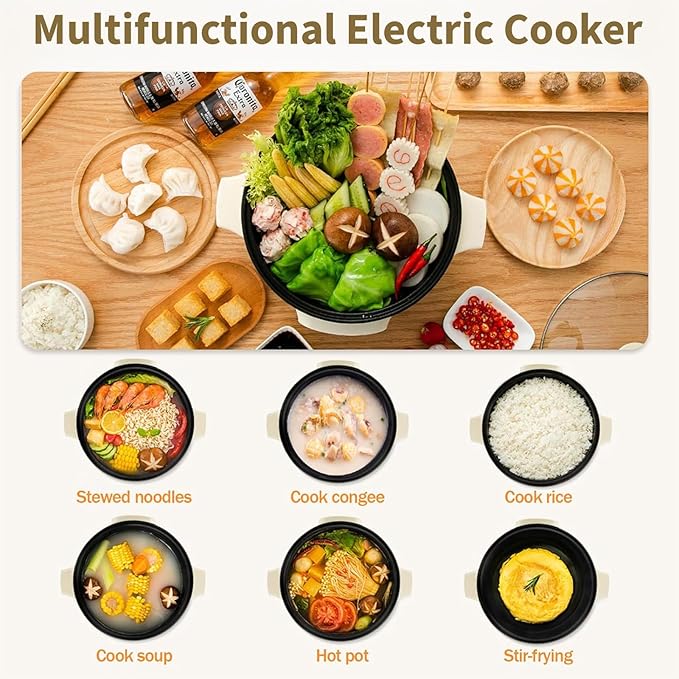 SOONHUA 3.2L Non-Stick Electric Hot Pot with Steamer, Multifunctional Electric Cooker with 9.5H Delay Timer & 6 Presets, Electric Cooking Pot for Soup, Rice, Noodles, Home & Dorm Use