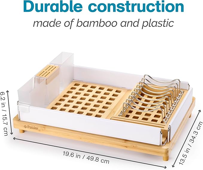 Polder Harmony Dish Rack, Sturdy Dish Drying Rack with 2 Open-Pattern Drain Trays, Dish Racks for Kitchen Counter, Drying Rack for Kitchen Storage, 19.6" x 13.5" x 6.2", White