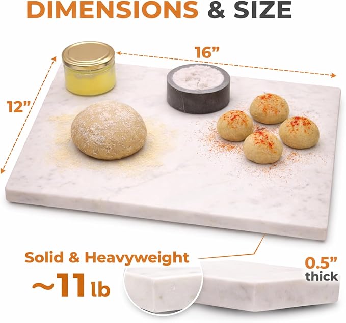 Marble Cheese and Pastry Board 16 x 12 Inch – Natural Carrara White Marble Cutting Board and Serving Tray for Dough, Bread, Pizza, Charcuterie – Heavy, Non-Slip, Gift-Ready.