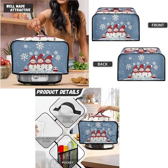 Christmas Themed Toaster Covers 2 Slice Wide Slot,Snowmen Snowflakes Blender Covers Washable Dust Cover Kitchen Appliance Covers Slow Cooker Crock Pot Cover for Merry Xmas Decor (Blue)