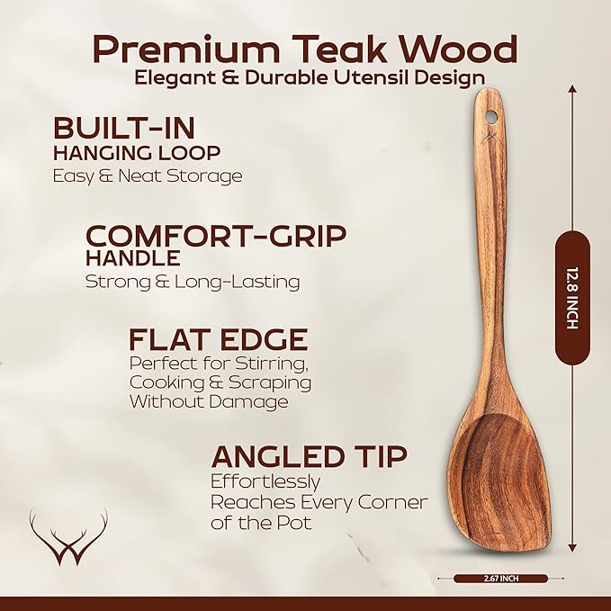 CORNER Teak Wooden Spoon for Cooking With Teak Spoon Rest - Made of Premium Natural Teak Wood