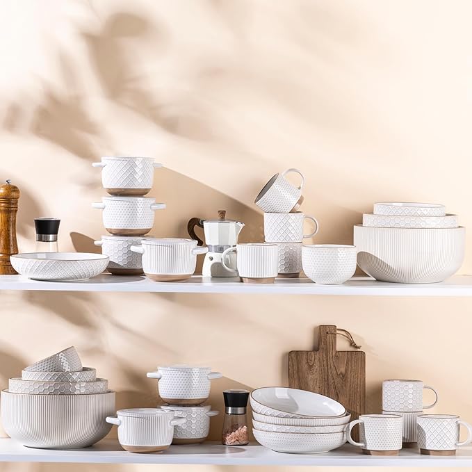 GBhome Ceramic Mixing Bowls Set, 20/45/105/150 oz, Stoneware Nesting Set of 4 embossed Kitchen Serving Bowls, Prep, Baking, Serving, Gift, Microwave and Dishwasher Safe, Dishware Collection-Off White