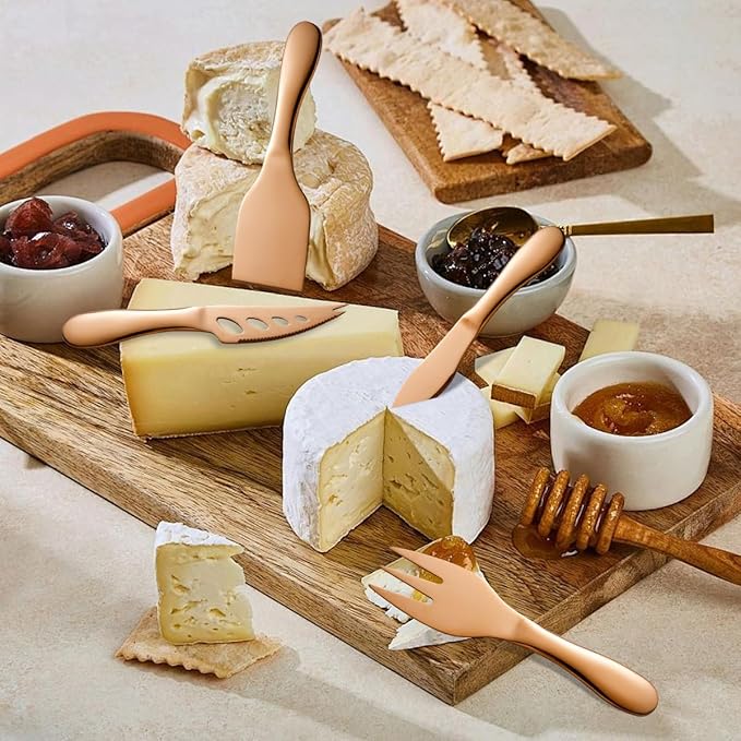 Copper Cheese Knives Set 7 Pieces Stainless Steel Kitchenware Utensils Gadgets 7 Pieces Cheese Knife,Cheese Spreader,Cheese Forks,Cheese Slicer,Cheese Cutter,Butter Knife