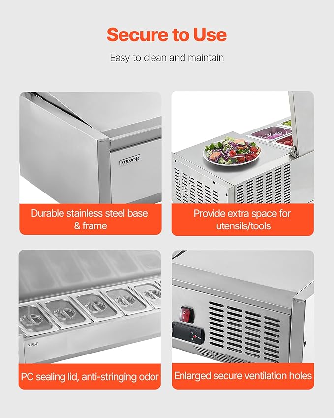 VEVOR Refrigerated Condiment Prep Station, 140 W Countertop Refrigerated Condiment Station, with Five 1/3 Pans & Four 1/6 Pans, 304 Stainless Body and PC Lid, Sandwich Prep Table with Stainless Guard