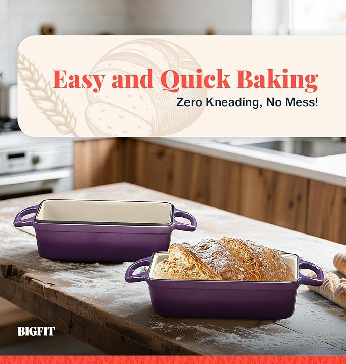 2 IN 1 Cast Iron Bread Loaf Pan with Lid, 3.4QT 9x5 Inch Dutch Oven for Bread Baking, Even Heating Bread Oven, Enameled Bread Pan for Homemade Sourdough Bread Baking & Versatile Cooking, Purple