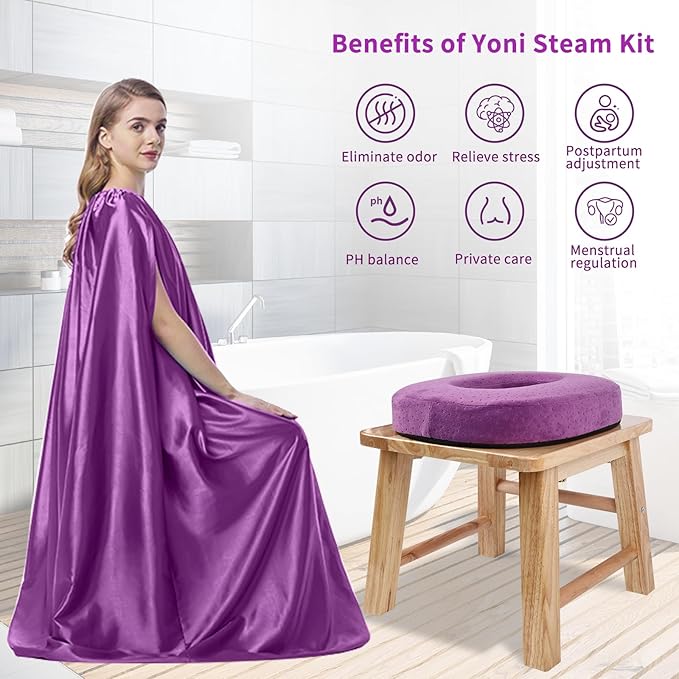 Yofuly Yoni Steamer for Women, Wooden V Steam at Home Kit with Gown, Cushion and Healing Crystal, Wood Steaming Seat for Feminine Odor, PH Balance, Postpartum Care and Cleansing