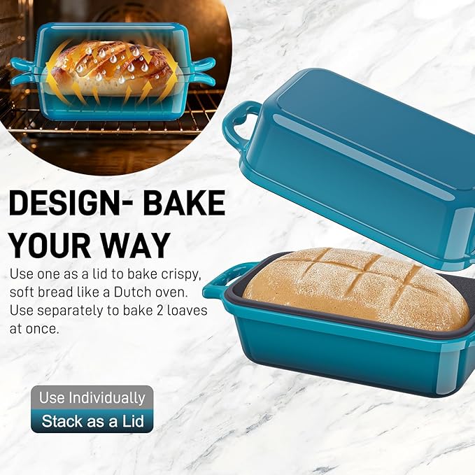 Enameled Cast Iron Sourdough Bread Dutch Oven, 9x5 Inch Loaf Cast Iron Bread Pan for Homemade Bread Baking, Sourdough Baking Pans, Meatloaf Pan with Lid, 2 Piece set, Emerald