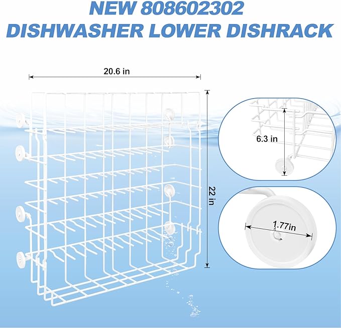 Upgrade OEM 808602302 Dishwasher Lower Dishrack Intended for Frigidaire, Fit for Kenmore Dishwasher Rack 1-Year Service Equipped with 154174501 Wheels Replace Part Number 154432602 154432601 154319706