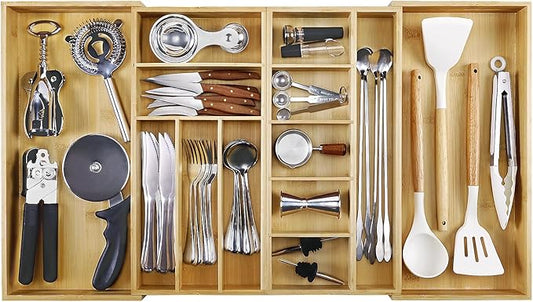 MH MYLUNE HOME Large Bamboo Expandable Drawer Organizer, Silverware Organizer for Drawers, 16 to 30 Inches Wide, 7-13 Slots, Kitchen Drawer Organizers for Utensils, Bamboo Wood Cutlery Organizers