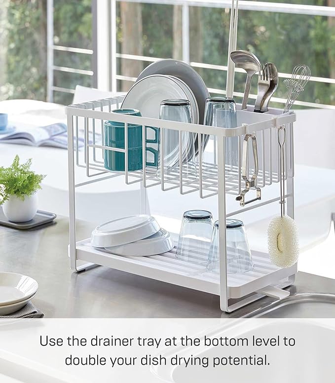 YAMAZAKI Home Tower Two-Tier Adjustable Dish Drainer Rack, Compact Drying Rack with Hooks, Utensils Holder - Steel -
