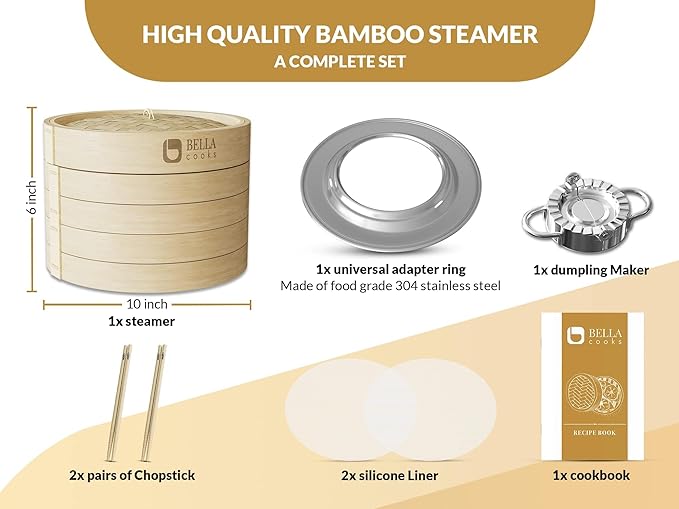 Bamboo Steamer 11-inch 2 Tier Dumpling Steamer Basket with Lid & 4 Chopsticks, Reusable Silicone Liners,Ring Adapter, Bun, Dim Sum, Rice Potsticker Steaming Chinese Asian Food & Vegetables, Fish, Meat.