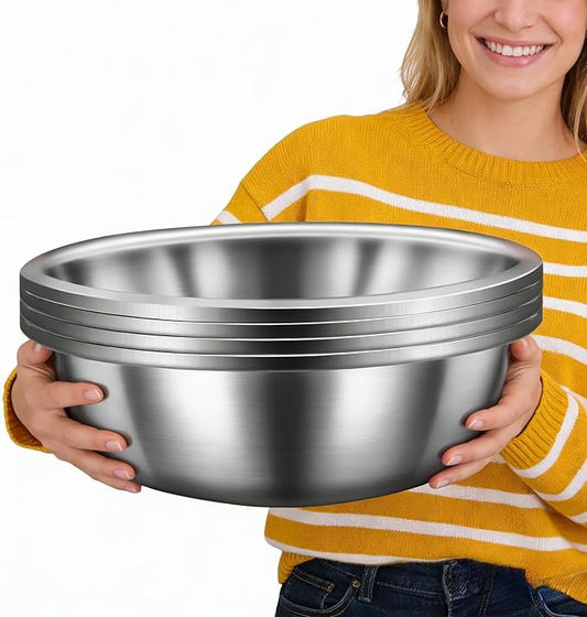 4 Pack 7 Qt 304 Stainless Steel Large Mixing Bowls with Flat Base Polished Mirror Finish Metal Bowls for Home or Commercial Baking Mixing Marinating and Food Preparation