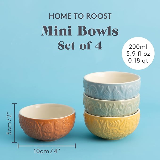 Mason Cash Home to Roost 200ml Preparation Bowls Set of 4 Stoneware Folk-Inspired Hen and Cockerel Style Multicolored Pinch Pots Dip & Dessert Dishes Dishwasher & Microwave Safe Kitchenware