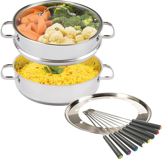Nuwave Design-18/8 Stainless Steel Cookware,Free of PTFE PFOA PFOS,Fondue Pot Set,Works On All Cooktops and Induction Cooker,Include Pot,Steamer Basket,Glass Lid and 8 Fondue Forks,10 -Yeär Wärranty, 3.5Qt Pot, Silver