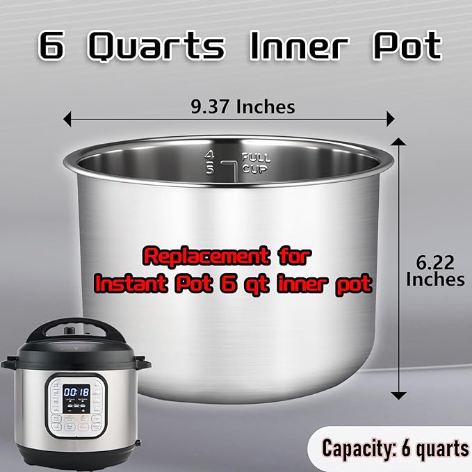 Compatible with Instant Pot 6 Quart Inner Pot Certain Models, 304 Stainless Steel Inner Pot 6 Qt, 0 Coating, Comes 2 Sealing Rings 1 Sealing Caps, 3 Year Warranty. Not Compatible With CrockPot Brand.