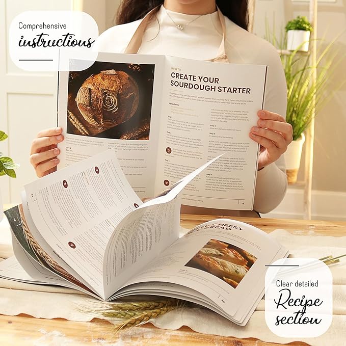 All-Inclusive 𝗣𝗥𝗘𝗠𝗜𝗨𝗠 Sourdough Starter Kit with Pot, 34 Oz Starter Jar, 4 Banneton Bread Proofing Baskets, Scraper, Scale, Sourdough Bread Baking Supplies, Beginner Guide & Recipes