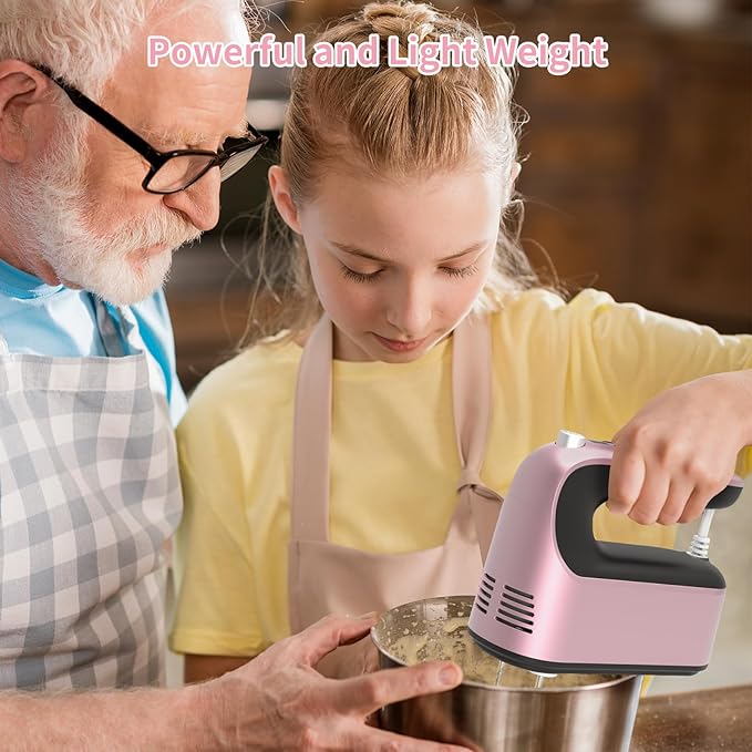 9-Speed Digital Hand Mixer Electric, 400W Powerful DC Motor, Hand Mixer Electric Handheld with Snap-On Storage Case, 5 Stainless Steel Accessories, Beaters, Dough Hooks, Whisk(Rose Gold)
