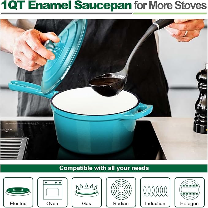 HaSteeL 1 QT Cast Iron Saucepan, Mini Enamel dutch oven with lid, Small Non Stick Pan for Milk, Pasta Tomato Sauce, Butter, Breakfast, Soup, Suitable for Boiling Stewing Frying, Easy to Clean, Green