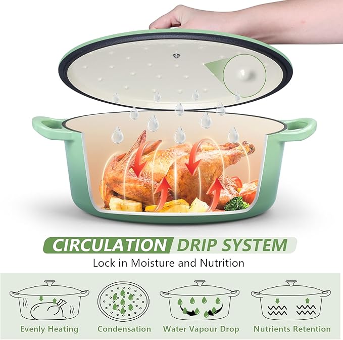 P&P CHEF Oval Dutch Oven with Lid, Enameled Cast Dutch Oven Pot for Bread Baking, Braising, Stewing, Roasting, Non-Stick & Oven Safe, Dual Handles & Easy Clean, 5QT & Pistachio Green, Valentine's Day