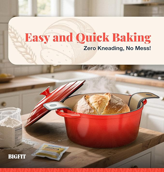 Cast Iron Dutch Oven for Bread Baking, With Banneton Bread Proofing Basket & Sourdough Baking Supplies, 5QT Multi-Functional Enameled Dutch Oven Pot with Lid, Cast Iron Bread Pan, Red