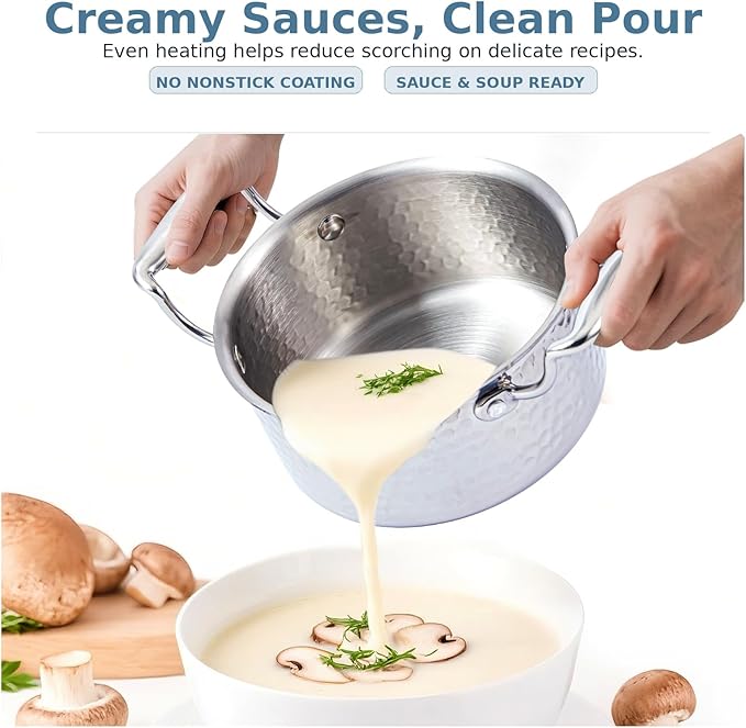 Tri-Ply Stainless Steel Stock Pot,1.8 Quart Sauce Pan with Lid, Induction Pasta Pot for Soup, Gravies & Oatmeal, Fast Even Heating, 18/8 Interior, Oven & Dishwasher Safe, Double Loop Handles