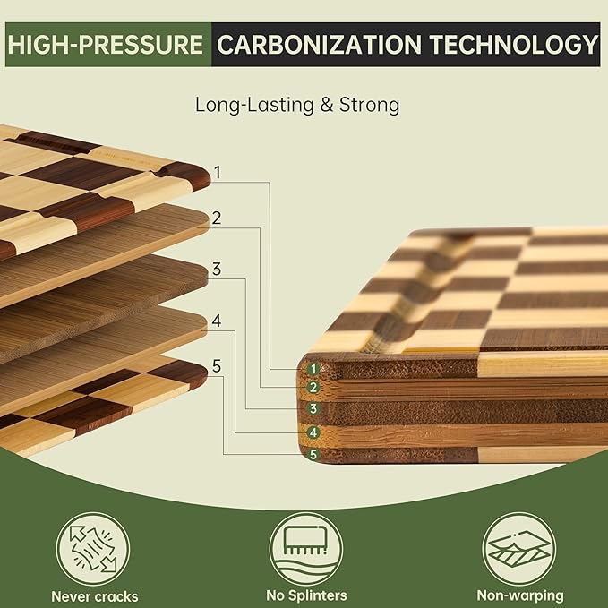 Decorative Checkered Thick Bamboo Cutting Board, End Grain Wood Chopping Board for Kitchen, Non-slip, Long-Lasting & Crack-Resistant, Serving Tray, Perfect Housewarming Gift 16.5”x11.6”x0.8”