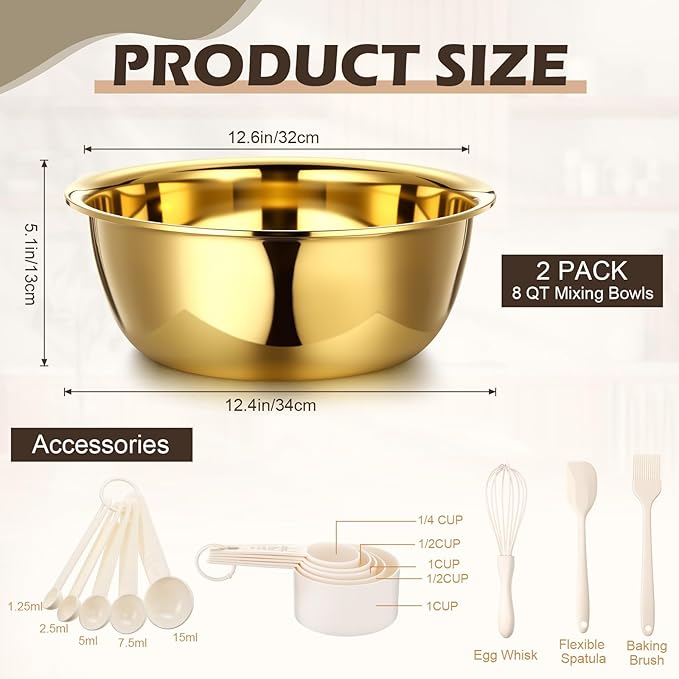 Baderke 7 Psc Gold Mixing Bowls Set 13.4 Inches 8 Qt Large Stainless Steel Prep Bowl with Spatula Basting Brush Egg Whisk &10 Measuring Spoons for Baking Kitchen Mixing Serving Storage