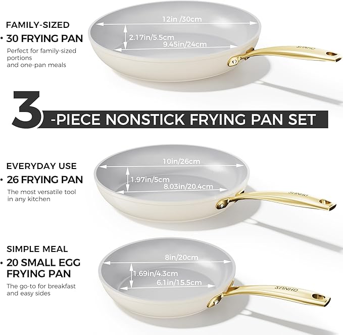 Sanho 3-Piece Nonstick Frying Pan Set with Diamond-Titanium Ceramic Coating, PFAS/PFOA Free - 8, 10 & 12 Inch Skillets - Oven & Dishwasher Safe, Induction Compatible, Cool Touch PVD Handle