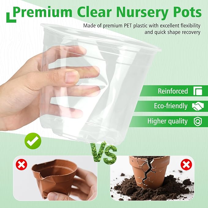 10 Inch Large Clear Nursery Pots with Drainage, 5 Pack Plastic Pots for Plants, Ideal Seedling Pots and Plant Pots for Vegetables, Orchids, Aloe, Indoor Outdoor Use (10 inch-5 Pack)