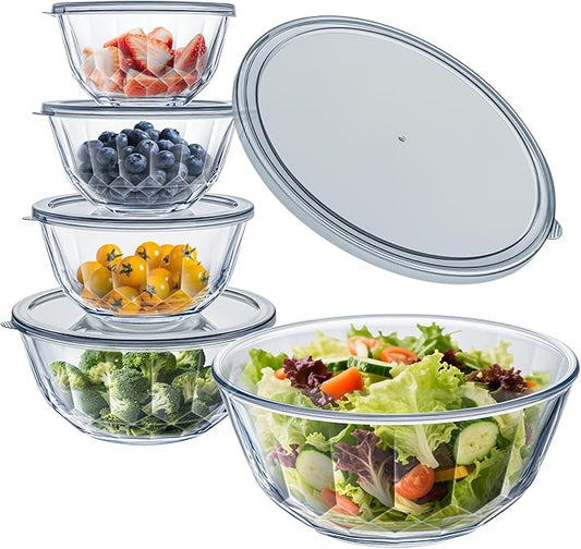 WhiteRhino Glass Mixing Bowls with Lids Set of 5（4.70QT,2.85QT, 1.69QT,1.11QT,0.85QT,Glass Bowls with Lids,Large Salad Bowls Space-Saving Nesting for Cooking,Baking,Prepping,Dishwasher Safe