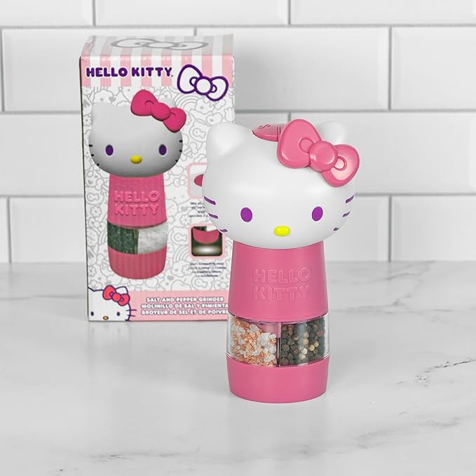 Uncanny Brands Sanrio Hello Kitty Salt and Pepper Grinder – Dual Chamber Electric Mill with Adjustable Coarseness and LED Light – Battery Powered