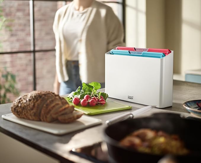 Joseph Joseph Folio Icon 4-Piece Multi Colour coded Cutting Board Set, Slimline case for organized Kitchen storage, White
