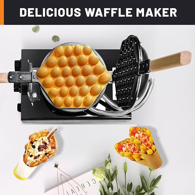 Bubble Waffle Maker - Commercial Egg Waffle Maker w/Non-stick, Temperature and Timers, 1400W Hong Kong Egg Waffle Iron w/Rotating Baking Pan, Stainless Steel Bubble Waffle Machine Restaurants