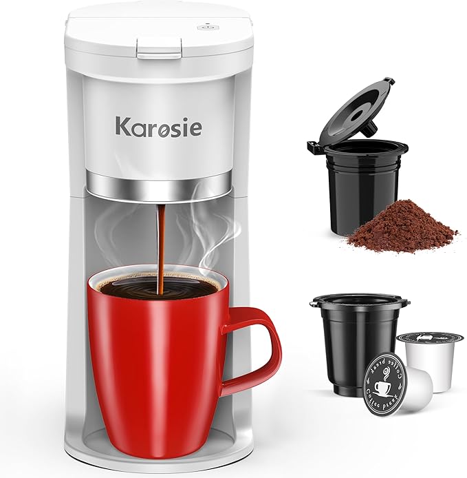 Small Single Serve Coffee Maker, Fast Brew for K-Cup & Ground Coffee, 6-12 Oz Brew Sizes, One-Button Single Cup Coffee Maker, Coffee Machine with Descaling Reminder,White