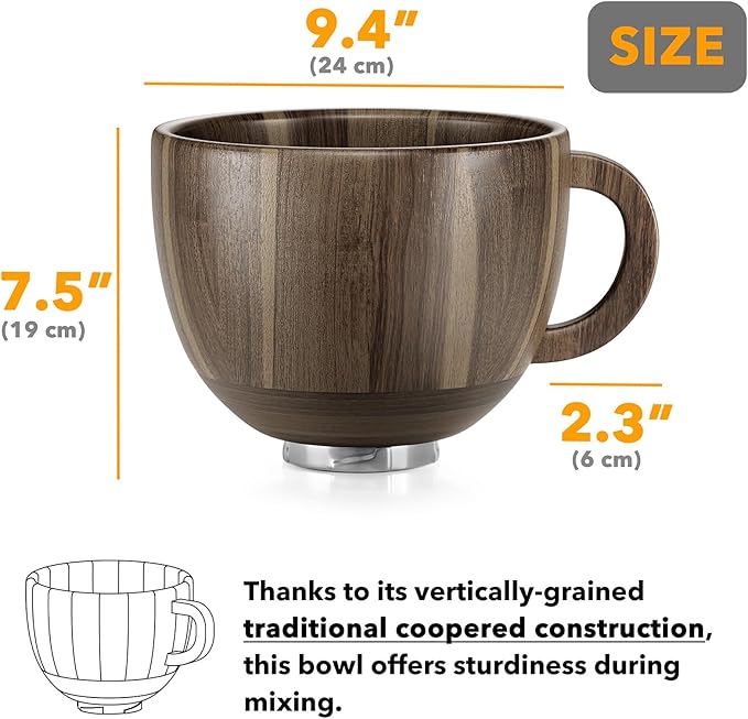 SpaceAid Wooden Bowl with Handle, Kitchen Space Aid Acacia Wood Mixing Bowls Holder for Stand Mixer, Compatible with 4.5 & 5 QT Tilt-Head Models Kitchen, Light Wood