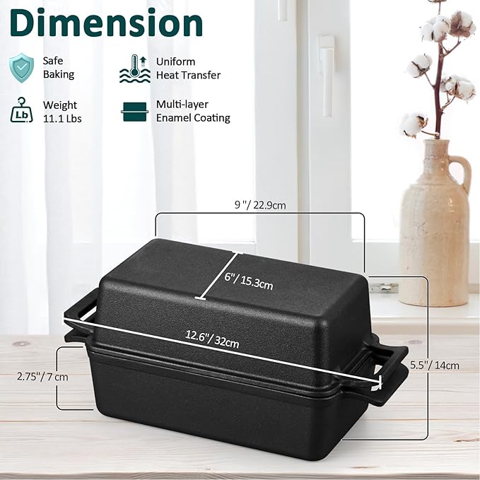 Leonyo 2 Piece Cast Iron Bread Pan, 9 x 5 inch Cast Iron Loaf Pan with Lid, 2-in-1 Pre-seasoned Loaf Dutch Oven for Baking Homemade Sourdough Bread, Pound Cake, Up to 500℉ & Oven Safe - Black