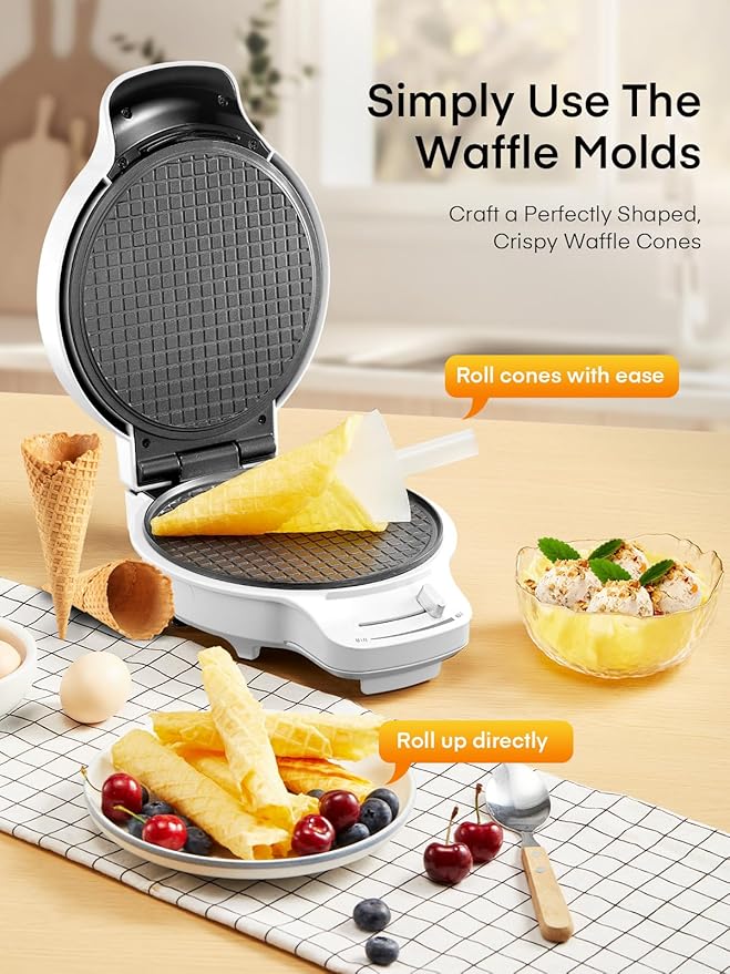 FOHERE Waffle Cone Maker Machine and Ice Cream Bowl Maker with Temperature Control, Double Side Nonstick Waffle Bowl Maker with Cone Roller, 7.5” Thin Waffle Maker for Home Kitchen (White)