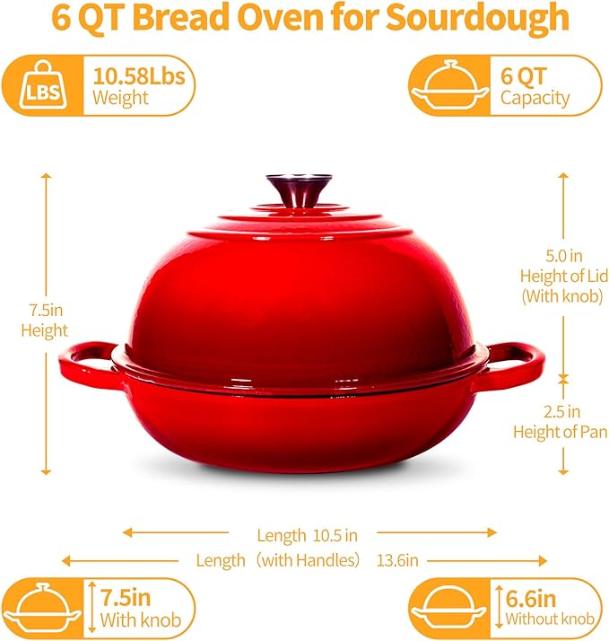 ONKO Dutch Oven For Sourdough Bread Baking, 6QT Enameled Cast Iron Dutch Oven Pot With Lid, Non-stick Sourdough Baking Pan with Bread Dome, Round Ceramic Dutch Ovens Pot with Cloche for Homemade