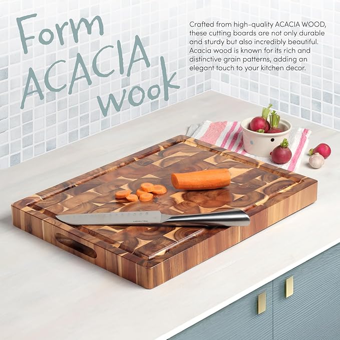 Acacia End Grain Cutting Board (17x13x1.5in), Butcher Block - Reversible Multipurpose Chopping Board with Juice Groove, Cracker Holder & Inner Handles