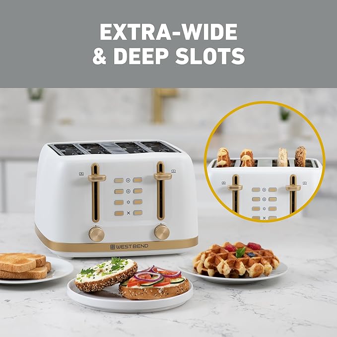 West Bend Timeless 4-Slice Toaster with 7 Browning Levels, Bagel/Waffle/Defrost Settings, High-Lift Lever, Anti-Jam, Easy-Clean Crumb Tray, 4-Slice, White/Gold