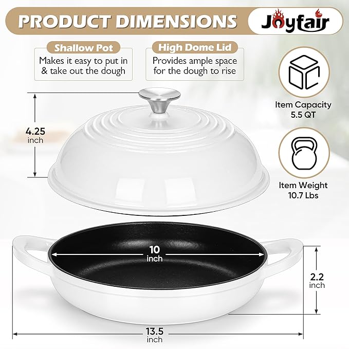 Bread Dutch Oven for Sourdough Baking (5.5 QT), Joyfair Enameled Cast Iron Dutch Oven Pot with Lid, Sourdough Bread Pan with Heavy Duty Dual Handles, Non-Stick & Even Heat, Oven-safe up to 500°F White