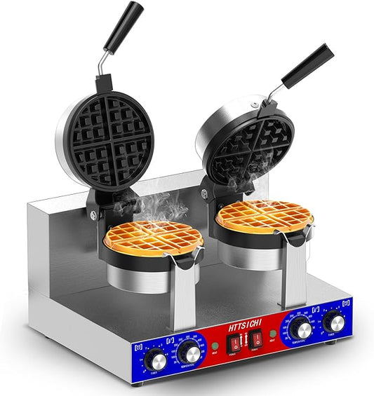 Commercial Belgain Waffle Maker - Rotating Double Waffle Maker w/Non-stick and 1.2 in Thick, Filp Belgian Waffle Machine w/ 122-572℉ Temp Range and Timer, Stainless Steel Waffle Iron, 2400W