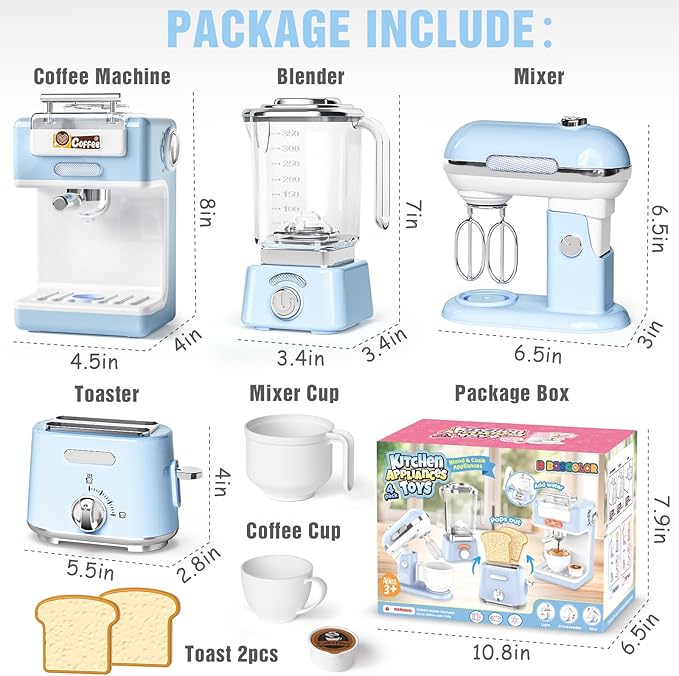 Kids Kitchen Toys Set, BPA-Free 7 Piece Pretend Play Appliances with Light Sound, Coffee Maker Blender Stand Mixer Toaster for Toddlers Ages 3 Plus, Educational Role Play Gift (Blue)