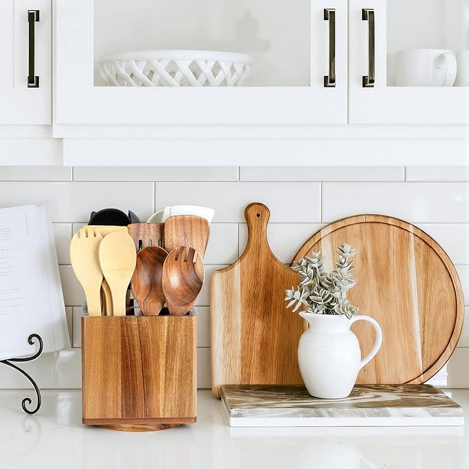 Acacia Wood Extra Large Rotating Utensil Holder for Kitchen Counter, Wooden Utensil Holder with 4 Compartments